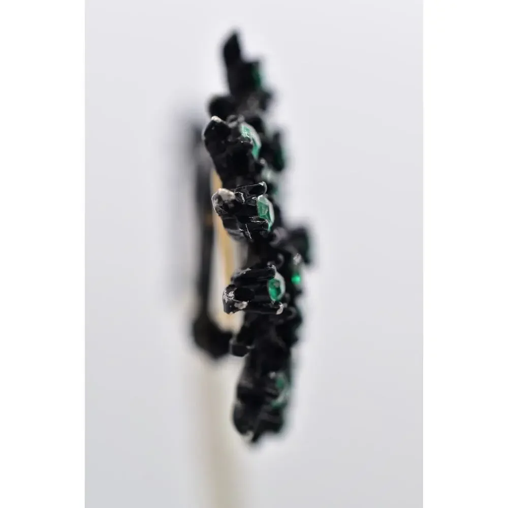 Vintage Crystal Clip On Earrings Starburst Green Rhinestone Black Metal BinBK